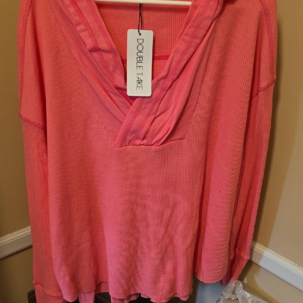 NWT Double Take Pink Thermal Hooded Top